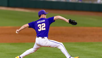 Tigers starting pitcher Kade Anderson 32 on the mound as LSU Tigers take on Alabama Baseball in Baton Rouge, LA. Thursday, April 17, 2025.
