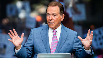 Oct 19, 2024; Austin, Texas, USA;  Alabama Crimson Tide former football coach and current ESPN analyst Nick Saban on the set of ESPN's College Game Day at the University of Texas on the South Mall, before a game between the Texas Longhorns and the Georgia Bulldogs  at Darrell K Royal-Texas Memorial Stadium. Mandatory Credit: Sara Diggins/USA TODAY Network via Imagn Images
