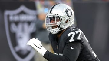 Las Vegas' Thayer Munford prepares for the Pro Football Hall of Fame Game against Jacksonville at Tom Benson Hall of Fame Stadium in Canton on Thursday, August 4, 2022.

Raiders Vs Jags 8237