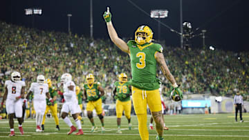 Nov 9, 2024; Eugene, Oregon, USA; Oregon Ducks tight end Terrance Ferguson (3) celebrates after catching a touchdown pass during the first half against the Maryland Terrapins at Autzen Stadium. Mandatory Credit: Troy Wayrynen-Imagn Images