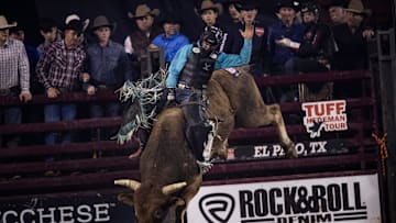 Wacey Schalla rides during in the Tuff Hedeman Tour bull riding competition in El Paso, Texas at the El Paso County Coliseum on Feb. 4, 2023.

Tuff Hedeman0159
