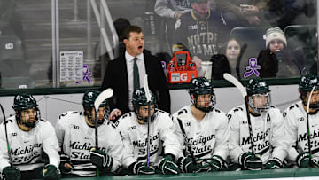 MSU hockey coach Adam Nightingale coaches his Spartans against Notre Dame, Saturday, Nov. 15, 2024, at Munn Ice Arena. MSU won 4-3 to sweep the series.