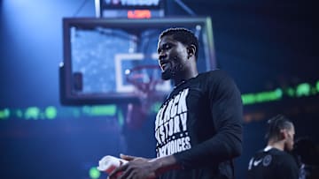 Portland Trail Blazers center Deandre Ayton walks out to the court before a game against the Sacramento Kings.