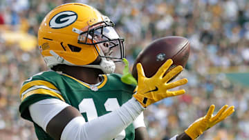Green Bay Packers wide receiver Jayden Reed (11) catches a second quarter touchdown pass against the Detroit Lions on Sunday, September 7, 2025, at Lambeau Field in Green Bay, Wis. Wm. 
