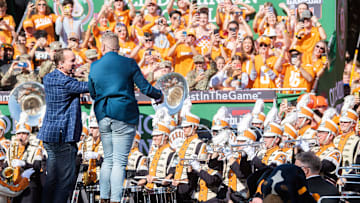 Peyton Manning directs the Pride of the Southland Band as they perform Rocky Top during ESPN's College GameDay