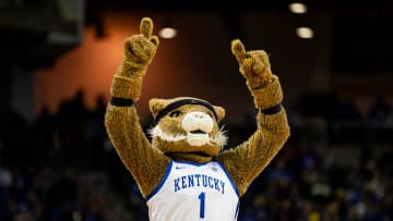 The Wildcats' mascot played to the crowd during Kentucky basketball's Blue-White scrimmage tipped off at Northern Kentucky University on Saturday, Oct. 21, 2023.
