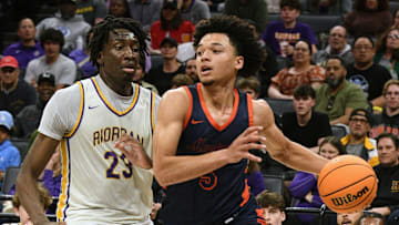 Brayden Burries drives the baseline against Archbishop Riordan in the California (CIF) State Open Division title game at the Golden 1 Center.