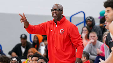 Dynamic Prep head coach Jermaine O’Neal gives instructions to his players during the 2025 Chipotle Nationals in Indiana.