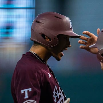 Texas A&M outfielder Braden Montgomery (6) celebrates a home run with his teammates in the first inning of the Longhorns' game against the Texas A&M Aggies at the UFCU Disch-Falk Field in Austin, Tuesday, March 5, 2024.