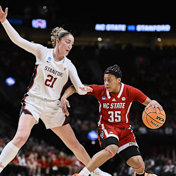 Mar 29, 2024; Portland, OR, USA; NC State Wolfpack guard Zoe Brooks (35) drives to the basket during the first half against Stanford Cardinal forward Brooke Demetre (21) in the semifinals of the Portland Regional of the 2024 NCAA Tournament at the Moda Center at the Moda Center. Mandatory Credit: Troy Wayrynen-Imagn Images