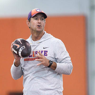 Clemson head coach Dabo Swinney talks with Clemson linebackers coach Ben Boulware during Spring Practice in Clemson, S.C. Monday, March 24, 2025.