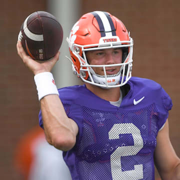 Clemson quarterback Cade Klubnik (2) passes during Spring Practice in Clemson, S.C. Monday, March 24, 2025.