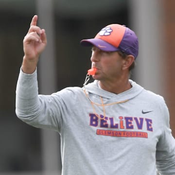 Clemson head coach Dabo Swinney during Spring Practice in Clemson, S.C. Monday, March 24, 2025.