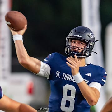 Cougars quarterback Cole Bergeron 8 as STM takes on Acadiana football. Friday, Sept. 20, 2024.