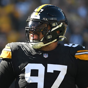 Nov 12, 2023; Pittsburgh, Pennsylvania, USA;  Pittsburgh Steelers defensive tackle Cameron Heyward (97) in between plays against the Green Bay Packers at Acrisure Stadium. Mandatory Credit: Philip G. Pavely-USA TODAY Sports