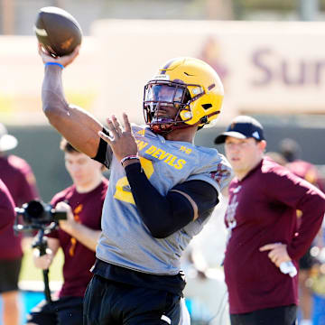 Arizona State quarterback Jeff Sims (2) during spring football practice at Kajikawa practice fields in Tempe on Tuesday, March 25, 2025.