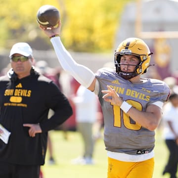 Arizona State quarterback Sam Leavitt during spring practice at Kajakawa Practice fields on April 16, 2025, in Tempe.