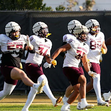 The Arizona State Sun Devils defense during workouts at Kajikawa Practice fields on Dec. 20, 2024.