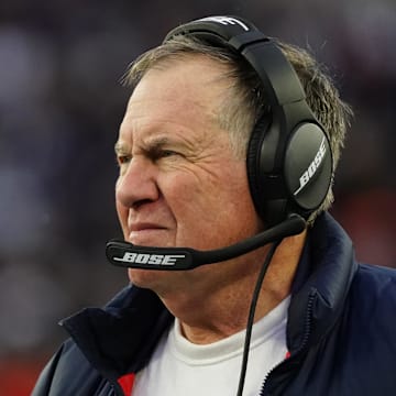 Nov 28, 2021; Foxborough, Massachusetts, USA; New England Patriots head coach Bill Belichick watches from the sideline as they take on the Tennessee Titans in the second half at Gillette Stadium. Mandatory Credit: David Butler II-Imagn Images