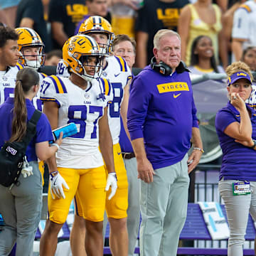 Head Coach Brian Kelly as the LSU Tigers take on the Nicholls Colonels at Tiger Stadium in Baton Rouge, LA. Saturday, Sept. 7, 2024.