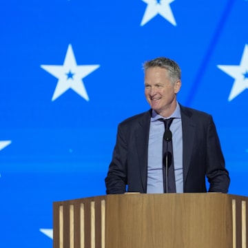 Aug 19, 2024; Chicago, IL, USA; Steve Kerr, Team USA Men’s Basketball coach and Golden State Warriors coach speaks during the first day of the Democratic National Convention at the United Center. The DNC program will feature President Joe Biden and Former Secretary of State Hillary Clinton during Monday's ceremonies. Mandatory Credit: Jasper Colt-USA TODAY