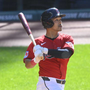 Jun 23, 2024; Cleveland, Ohio, USA; Cleveland Guardians left fielder Steven Kwan (38) singles in the eighth inning against the Toronto Blue Jays at Progressive Field.