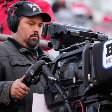 Nov 18, 2023; Columbus, Ohio, USA; A Big Ten Network camera captures the action between the Ohio State Buckeyes and the Minnesota Golden Gophers during the NCAA football game at Ohio Stadium.