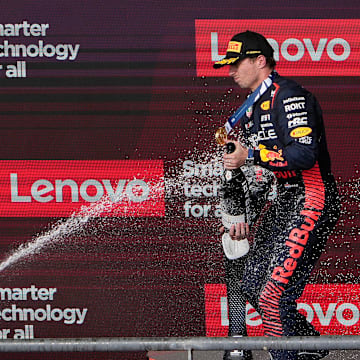 Oracle Red Bull Racing driver Max Verstappen of The Netherlands, right, celebrates with Mercedes AMG Petronas driver Lewis Hamilton of United Kingdom after Verstappen won the Formula 1 Lenovo United States Grand Prix at Circuit of the Americas on Sunday October 22, 2023. at the Formula 1 Lenovo United States Grand Prix at Circuit of the Americas on Sunday October 22, 2023.