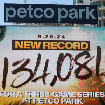 May 26, 2024; San Diego, California, USA; The San Diego Padres set a new attendance record for a three-game series against the New York Yankees at Petco Park. Mandatory Credit: David Frerker-USA TODAY Sports