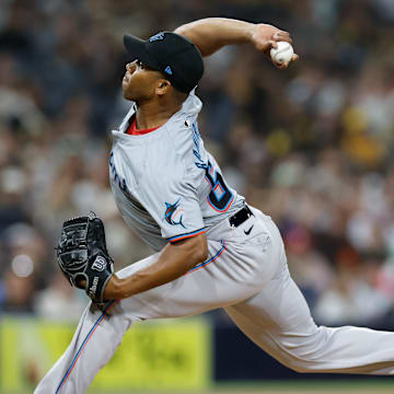 May 28, 2024; San Diego, California, USA; Miami Marlins relief pitcher Emmanuel Ramirez (67) throws a pitch during the eighth inning against the San Diego Padres at Petco Park.