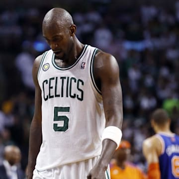 May 3, 2013; Boston, MA, USA; Boston Celtics center Kevin Garnett (5) heads to the bench during a break in the action against the New York Knicks in game six of the first round of the 2013 NBA Playoffs at TD Garden. The New York Knicks defeated the Celtics 88-80. Mandatory Credit: David Butler II-Imagn Images