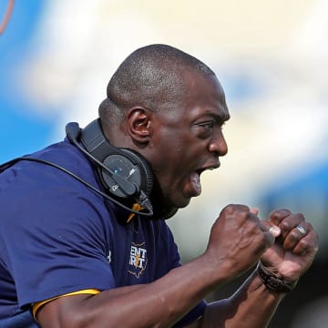 Kent State Golden Flashes head coach Kenni Burns reacts to a play during the first half of an NCAA football game against the Miami Redhawks at Dix Stadium, Saturday, Sept. 30, 2023, in Kent, Ohio.