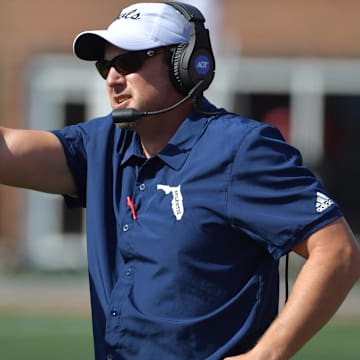 Sep 23, 2023; Champaign, Illinois, USA;  Florida Atlantic Owls head coach Tom Herman during the fist half against the Illinois Fighting Illini at Memorial Stadium. Mandatory Credit: Ron Johnson-Imagn Images