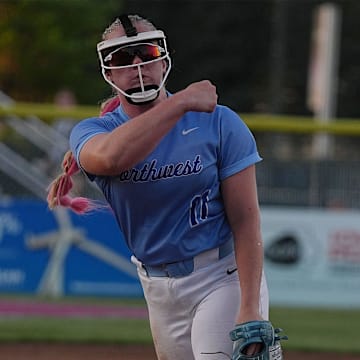 Waukee Northwest's pitcher Sophia Schlader pitches the ball against Linn Mar in the 5A state softball all championship game at Roger Sports Complex on July 24, 2025, in Fort Dodge, Iowa.