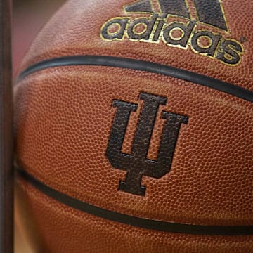 Basketball showing the IU logo before the game between the Indiana Hoosiers and the Eastern Washington Eagles at Assembly Hall in 2014