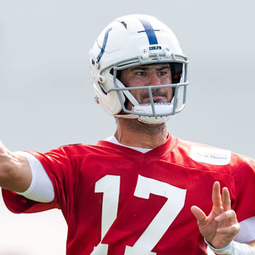 Indianapolis Colts quarterbacks Daniel Jones (17) passes Friday, July 25, 2025, during training camp held at Grand Park in Westfield.