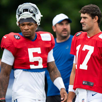 Indianapolis Colts quarterbacks Anthony Richardson Sr. (5), Daniel Jones (17) and Riley Leonard (15) prepare for drills Monday, July 28, 2025, during training camp held at Grand Park in Westfield.