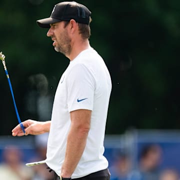 Indianapolis Colts head coach Shane Steichen swings his whistle Friday, July 25, 2025, during training camp held at Grand Park in Westfield.