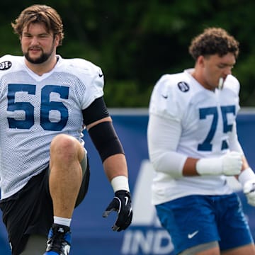 Indianapolis Colts guard Quenton Nelson (56) warms up Friday, July 25, 2025, ahead of training camp held at Grand Park in Westfield.