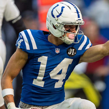 Indianapolis Colts wide receiver Alec Pierce (14) signals a first down after a catch Sunday, Oct. 12, 2025, against the Arizona Cardinals at Lucas Oil Stadium in Indianapolis.