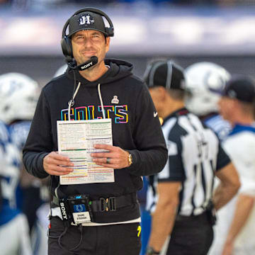 Indianapolis Colts head coach Shane Steichen walks the sideline during the game Sunday, Oct. 12, 2025, against the Arizona Cardinals at Lucas Oil Stadium in Indianapolis.
