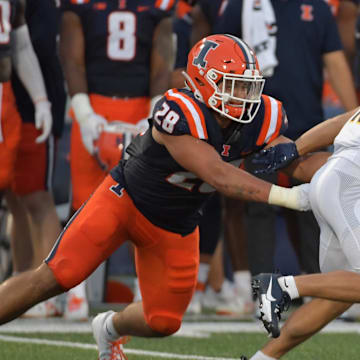 Sep 2, 2023; Champaign, Illinois, USA;  Toledo Rockets wide receiver Jermaine Foster (10) tries to elude the tackle of \Illinois Fighting Illini linebacker Dylan Rosiek (28)during the first half at Memorial Stadium. Mandatory Credit: Ron Johnson-Imagn Images