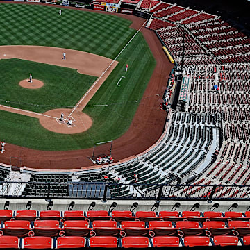 Jul 12, 2020; St. Louis, Missouri, United States; A view of empty seats as the St. Louis Cardinals play a simulated game at Busch Stadium. Mandatory Credit: Jeff Curry-Imagn Images