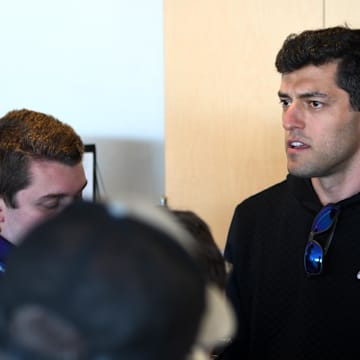 Feb 27, 2020; Fort Myers, Florida, USA; Boston Red Sox general manager Chaim Bloom takes questions from reporters during the game against the Philadelphia Phillies  at JetBlue Park. Mandatory Credit: Jim Rassol-Imagn Images