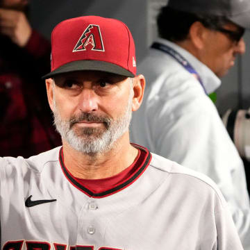 Arizona Diamondbacks manager Torey Lovullo (17) gestures after defeating the Los Angeles Dodgers 4-2 during Game 2 of the NLDS at Dodger Stadium in Los Angeles on Oct. 9, 2023.