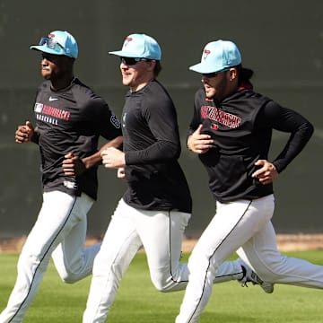 Arizona Diamondbacks Kristian Robinson, Jake McCarthy, and Eugenio Su‡rez (right) during spring training workouts at Salt River Fields at Talking Stick on Feb. 18, 2025, in Scottsdale.