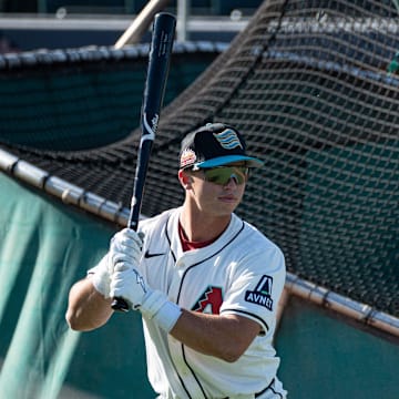 Second baseman, Tommy Troy warms up for batting practice during the Arizona Fall League media day at Scottsdale Stadium on Oct. 4, 2024, in Scottsdale, Arizona.
