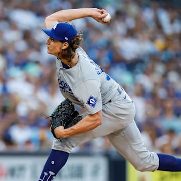 Jul 30, 2024; San Diego, California, USA; Los Angeles Dodgers starting pitcher Tyler Glasnow (31) throws a pitch during the first inning against the San Diego Padres at Petco Park. Mandatory Credit: David Frerker-Imagn Images