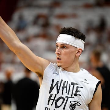 Apr 29, 2024; Miami, Florida, USA; Miami Heat guard Tyler Herro (14) warms up to play the Boston Celtics in game four of the first round for the 2024 NBA playoffs at Kaseya Center. Mandatory Credit: Michael Laughlin-Imagn Images