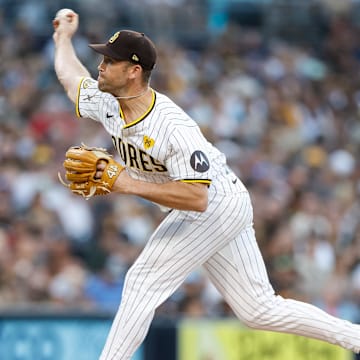 Aug 3, 2024; San Diego, California, USA; San Diego Padres relief pitcher Jason Adam (40) throws a pitch during the seventh inning against the Colorado Rockies at Petco Park. Mandatory Credit: David Frerker-Imagn Images